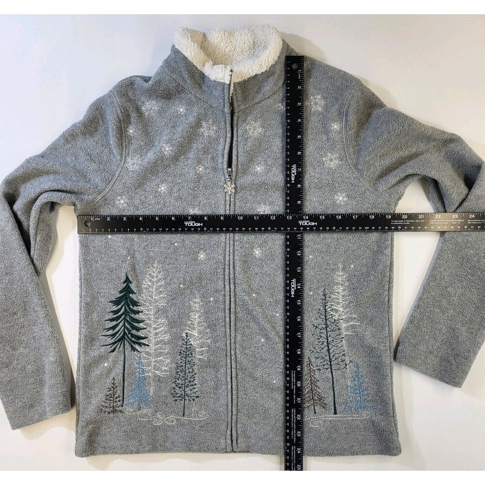 Croft & Barrow Full Zip Jacket Christmas Trees Snowflake Embroidered Gray Fleece - Picture 9 of 9